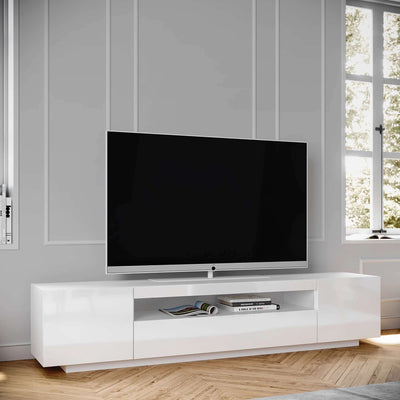 Contemporary White TV Cabinet, SAMSO Media Unit and Entertainment Console, Glossy Finish, Modern Nordic Scandinavian Design side angle