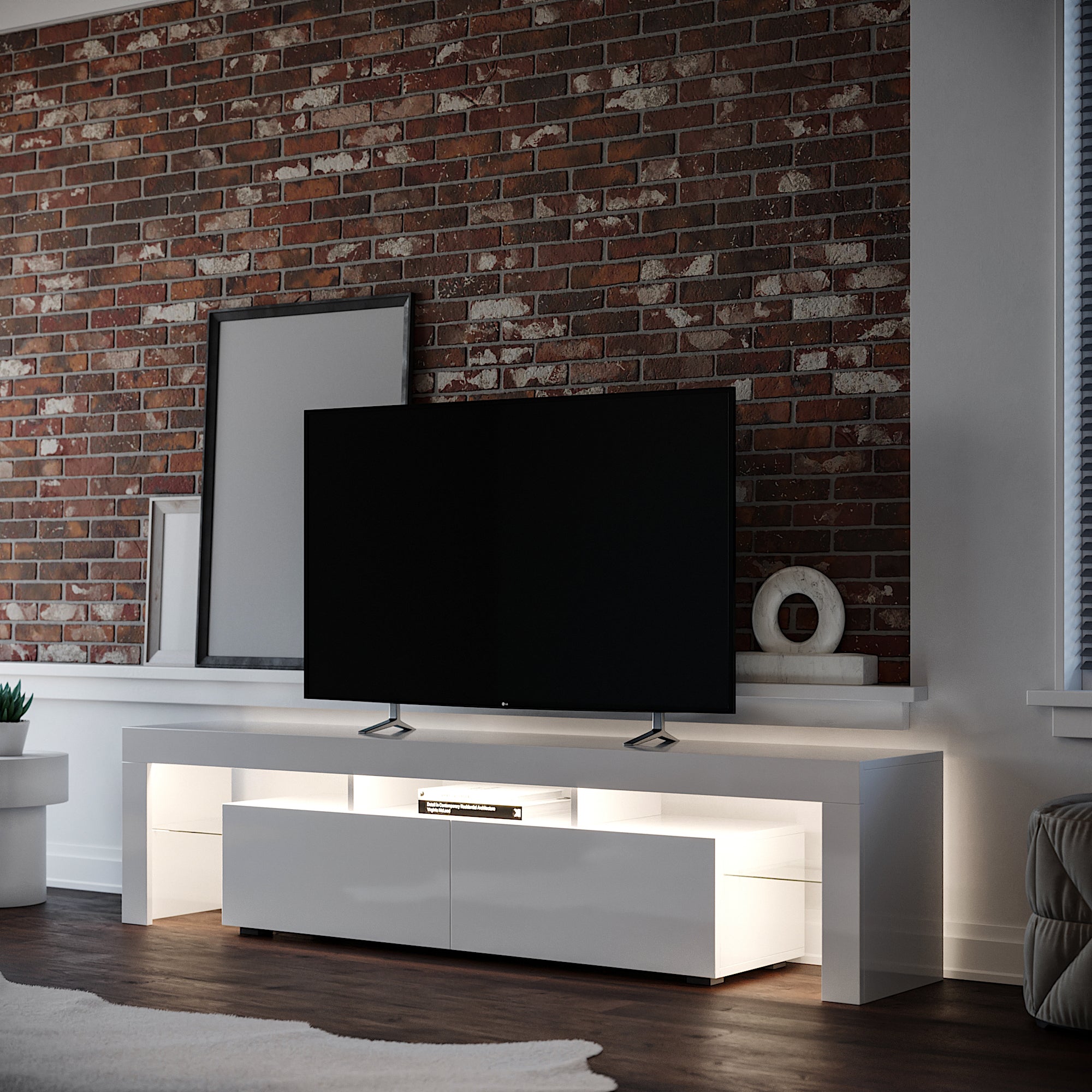 Copenhagen White TV Stand with Flat screen TV and warm white LED Lighting the media unit