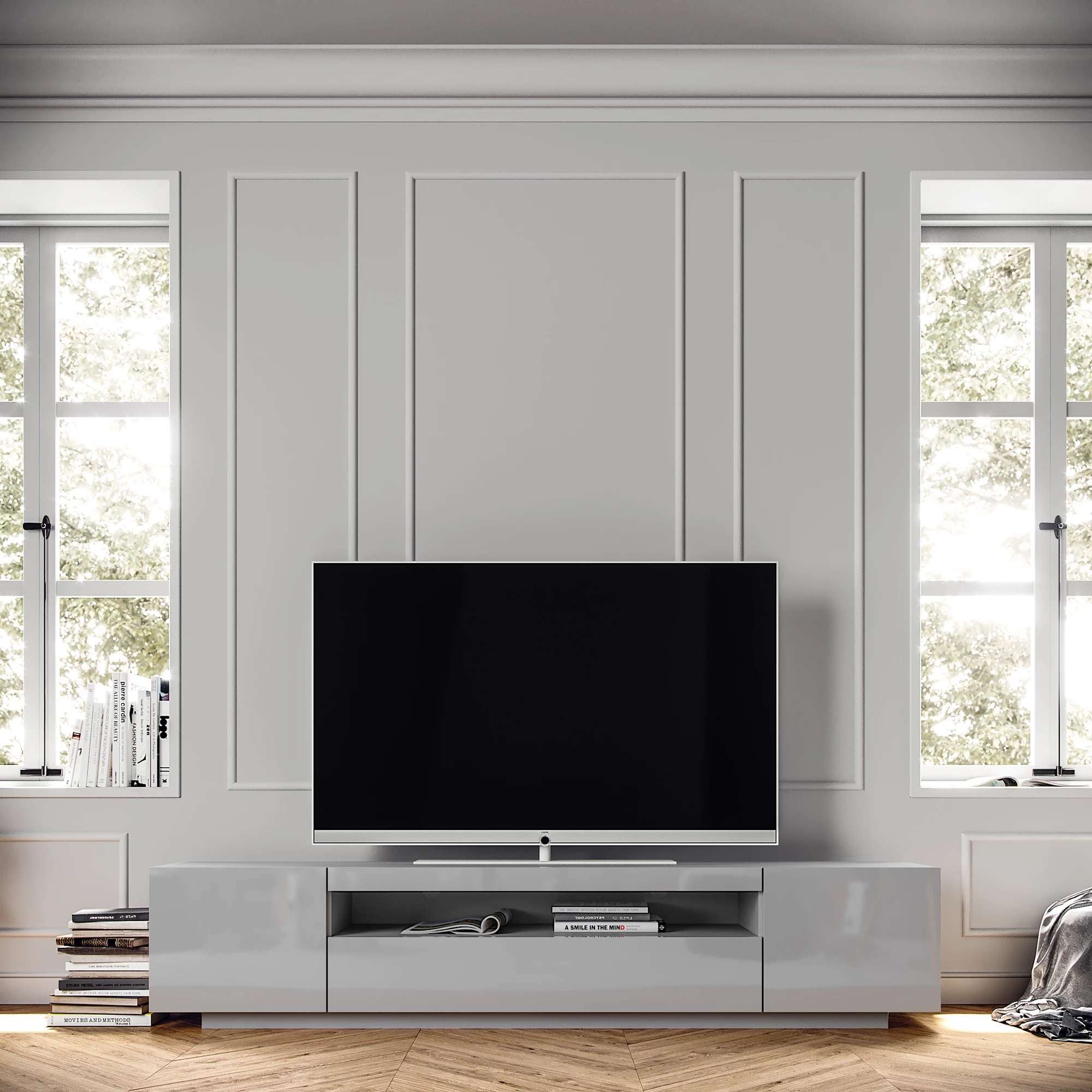 Gloss Light Grey Samso TV Cabinet - Modern & Contemporary Style | Central media console for TV Table with LED lighting