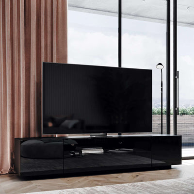 Black Samso TV Cabinet in modern chique Scandinavian living room with an 80 inch flat screen TV